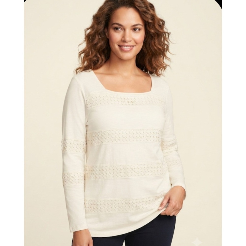 Talbots Woman 2X Ivory Crochet Lace Panel Long Sleeve Knit Top Cream Cotton Blen